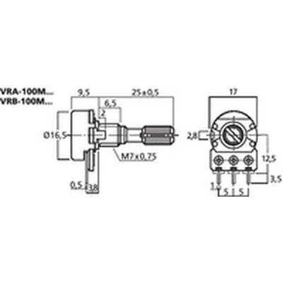 Axial potentiometer mono 500K lin with 11 detents - VRB-111M500