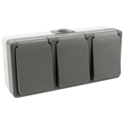 Damp-proof triple socket IP44 for surface mounting, gray