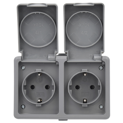 Damp-proof double socket IP44, surface-mounted, gray
