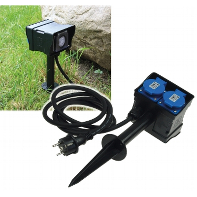 Garden 2-way socket with earth spike, 1.4m supply line timer IP44