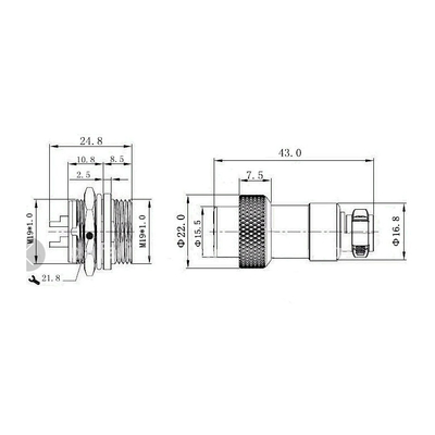 Microphone coupling ;big � 15,5mm&nbsp;+ Chassis connector  2 pin