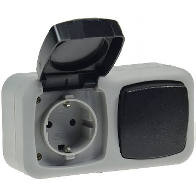 Damp-proof  combi switch / Mains socket IP44 AP gray