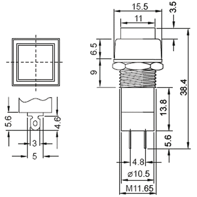 Pushbutton square red off(on) 250VAC/1A