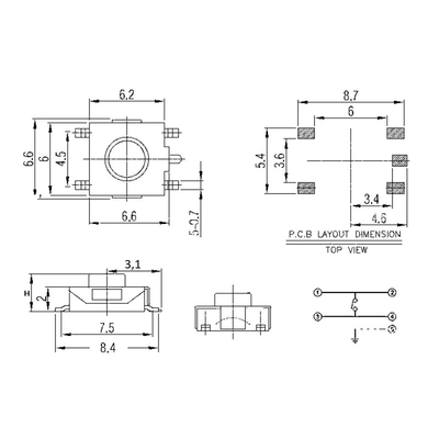 Mikrotaster TACT aus/(ein)  6,6 x  6,2mm Tastenh�he  3,1mm SMT