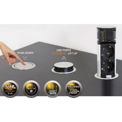 Stainless steel built-in desk sockets 2 x Schuko + 2 x USB retractable