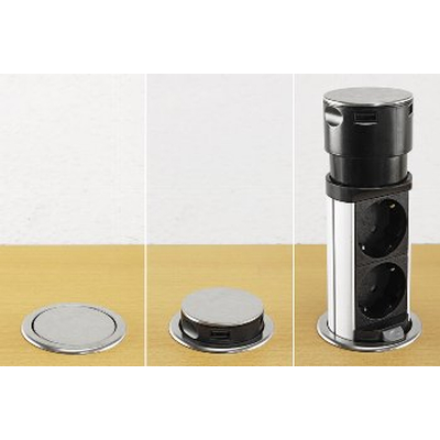 Stainless steel built-in desk sockets 2 x Schuko + 2 x USB retractable