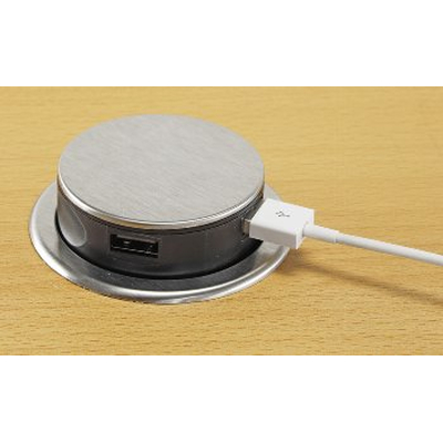 Stainless steel built-in desk sockets 2 x Schuko + 2 x USB retractable