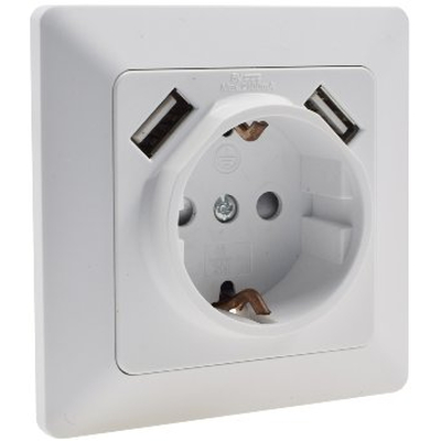 Protective contact socket + 2 x USB socket white matt