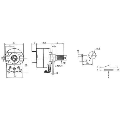 Potentiometer axial mono 500K lin with switch 1 x on