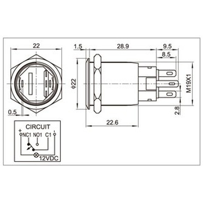 Full metal button19mm 1 x on/(on) with light symbol and ring illumination white