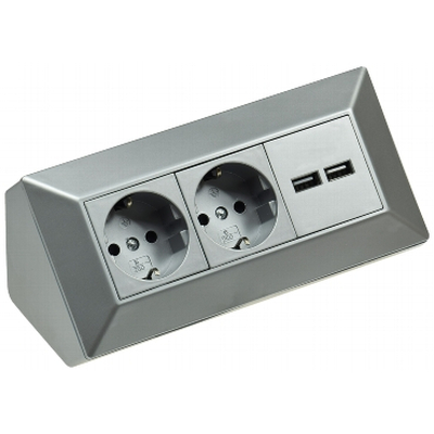 Doppel Aufbausteckdosenblock + 2 USB Ladeports silber