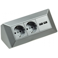 Doppel Aufbausteckdosenblock + 2 USB Ladeports silber