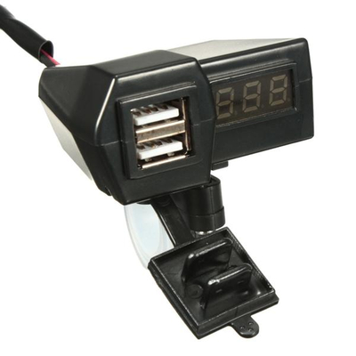 Splashproof USB charging sockets 2 x 5V 3,1A with integrated voltage display Input voltage 12 - 24VDC