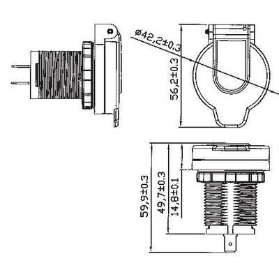 USB Einbaubuchse mit magnetischen Wasserdichten Klappdeckel un integrierten Spannungsconverter Eing.1224VDC Ausg.2 x  5V/2,1A
