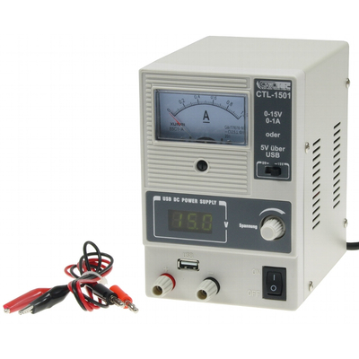 Laboratory Power 0 - 15VDC/ 0 -  1A with and 5V USB Voltage (Digital) .- Power Indicator (Analog)