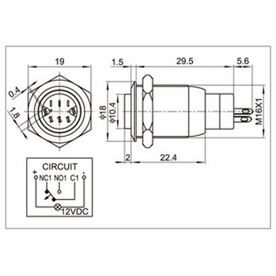 Full metal switch 16mm 1 x on/on with LED spotlight red IP67