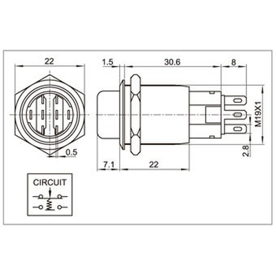 Drehschalter 19mm 2 x ein/ein 230V 3A  IP50
