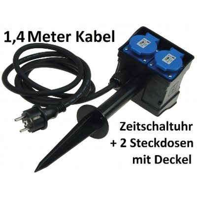 Garten 2-fach Steckdose mit Erdspie� 10m Zuleitung Zeitschaltuhr IP44